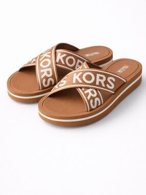 🆕️Michael Kors Platform Slide Sandals Women Size 8 Brown Logo MK Slides Summer